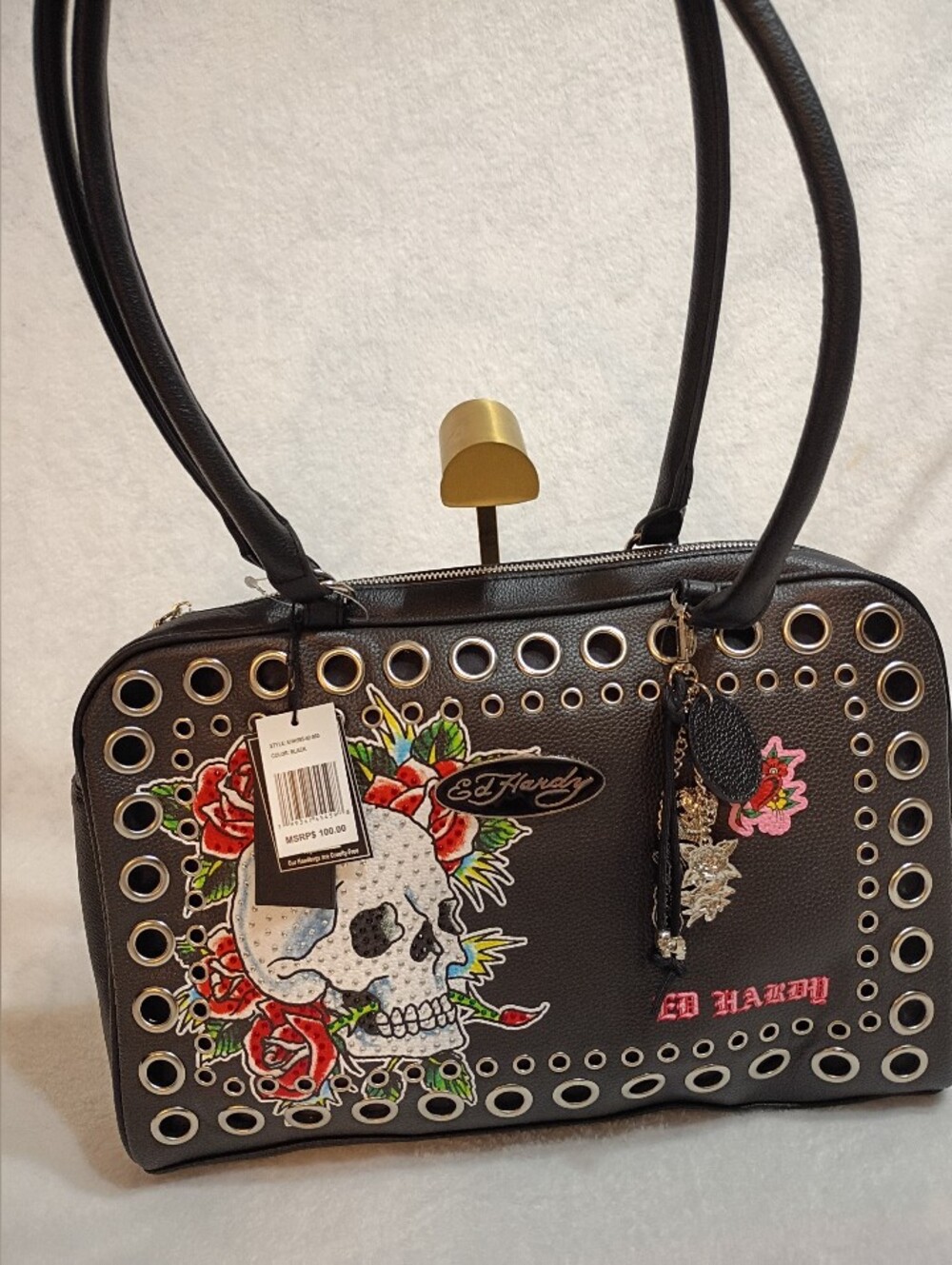 Ed Hardy Black Skull & Rose Eyelet Satchel - Picture 4 of 9